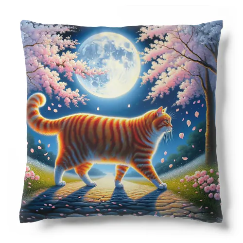 月夜の桜と虎猫 Cushion