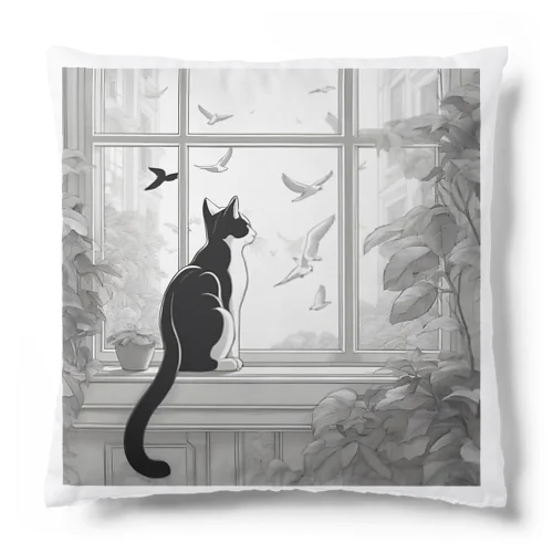 窓辺で鳥を見つめている猫 Cushion