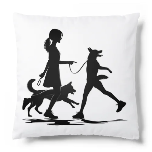 犬を散歩する女の子のシルエット Cushion