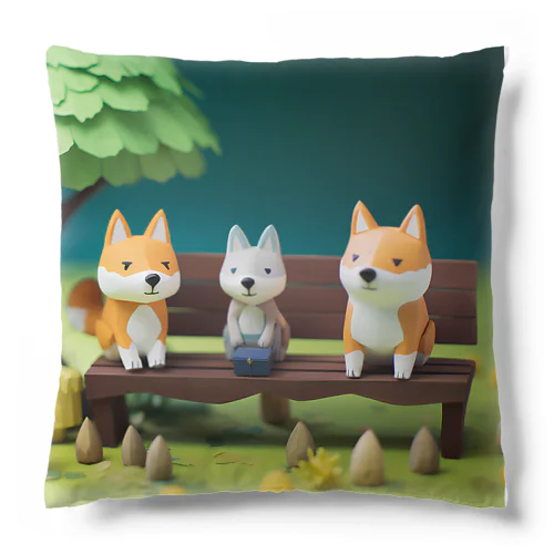 ベンチで寛ぐ柴犬のファミリー Cushion