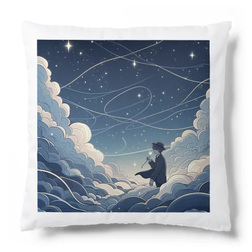 鮮やかな世界に包まれた、幻想的な雲の中をかける少年。風 Cushion