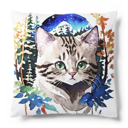 水彩_猫と森001 Cushion