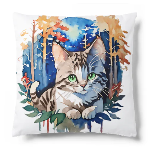 水彩_猫と森002 Cushion