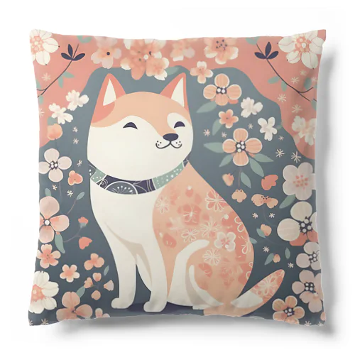 日本画風、柴犬と桜-Japanese-style painting of a Shiba Inu with cherry blossoms クッション