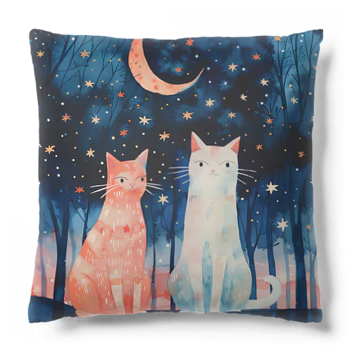 星空と二匹の猫（水彩画） Cushion