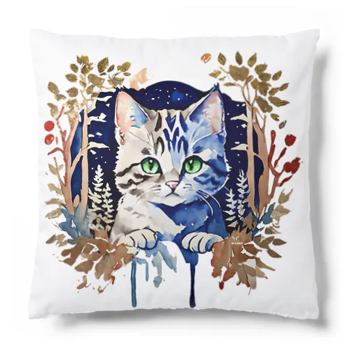 水彩_猫と森006 Cushion