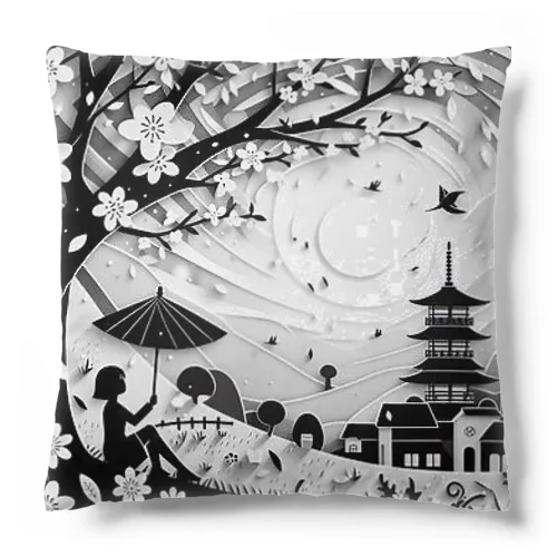 春の訪れを祝う切り絵アート Cushion