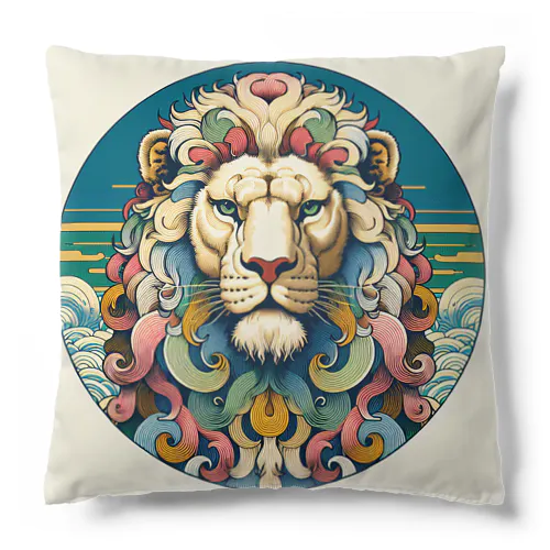 浮世絵風　ライオン（顔）"Ukiyo-e style lion (face)."  "浮世繪風格的獅子（臉）。" Cushion