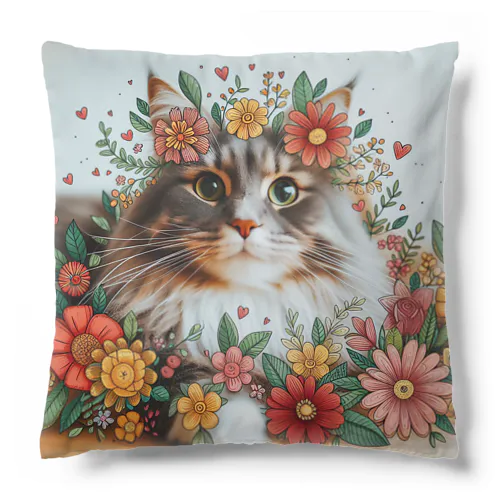 猫とポップなお花 Cushion