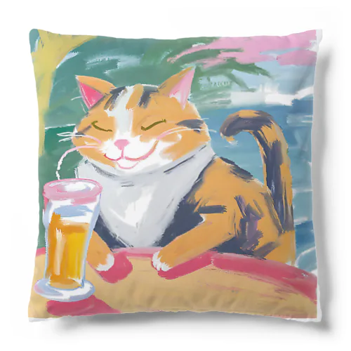 ビールを飲んで幸せそうなネコさん Cushion