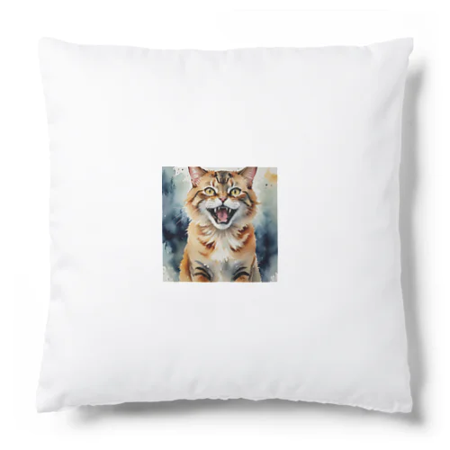 怒った猫の表情が鮮やかに描かれた水彩画 Cushion