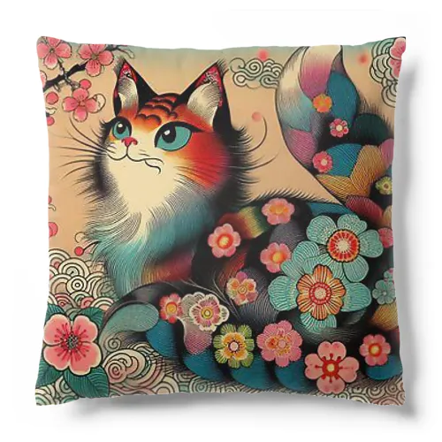 浮世絵風　カラフル猫「Ukiyo-e-style Colorful Cat」「浮世绘风格的多彩猫」 Cushion