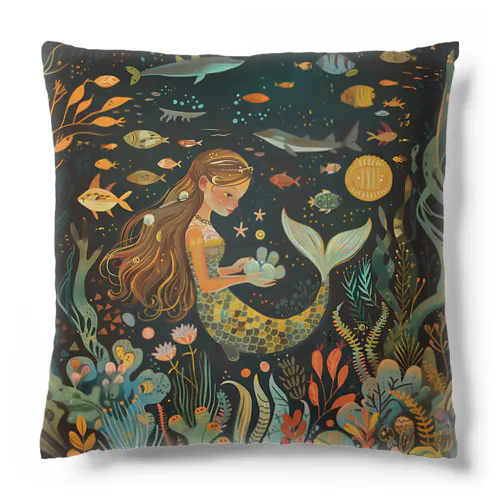 宝石を眺める人魚のクッション Mermaid cushion looking at jewels クッション