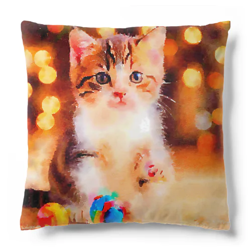 猫の水彩画/キジシロねこのイラスト/おもちゃで遊ぶキジ白ネコ Cushion