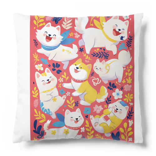 ワンちゃんネコちゃんが遊んでいる　なでしこ1478 Cushion