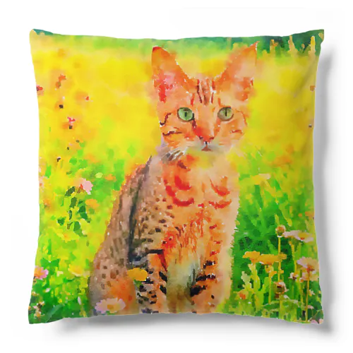 猫の水彩画/花畑のオシキャットねこのイラスト/キジトラネコ Cushion