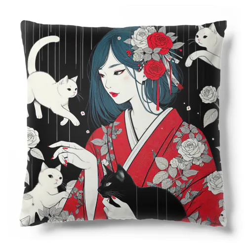 ネコ三昧（黒い空間・浮世絵風） Cushion