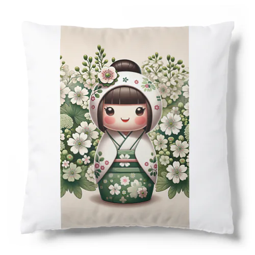 kokeshi dolls白い花 Cushion