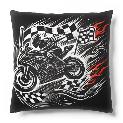 スピードと情熱の象徴：バイクとレースフラッグのワイルドロゴ Cushion