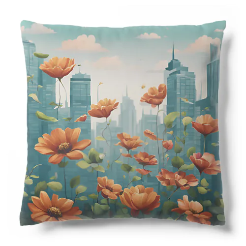 都市の背景に浮かぶ花 Cushion