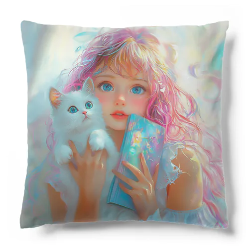 本を持った女の子と猫 Cushion