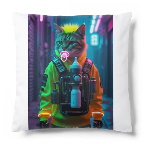 ネオンパーカーのトレンディ猫｜Trendy Cyber Cat with Neon Hoodie & Mech Bottle Cushion