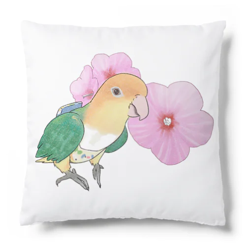 お花とシロハラインコちゃん【まめるりはことり】 Cushion