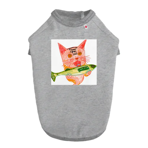 秋刀魚を美味しそうに食べる猫 ドッグTシャツ