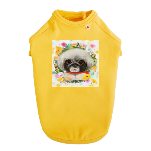かわいいペキニーズ犬とたんぽぽリースのシームレスパターンイラスト ドッグTシャツ