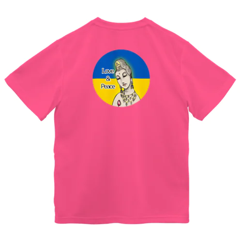 Love＆Peace観世音菩薩ウクライナ国旗背景 ドライTシャツ