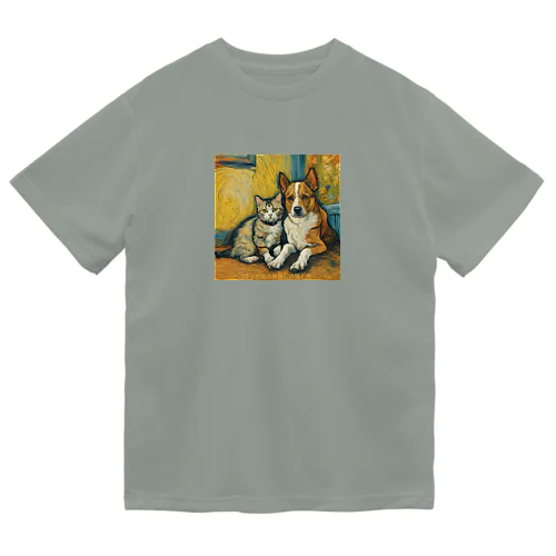 ゴッホが描いたような仲良しの猫と犬 Dry T-Shirt