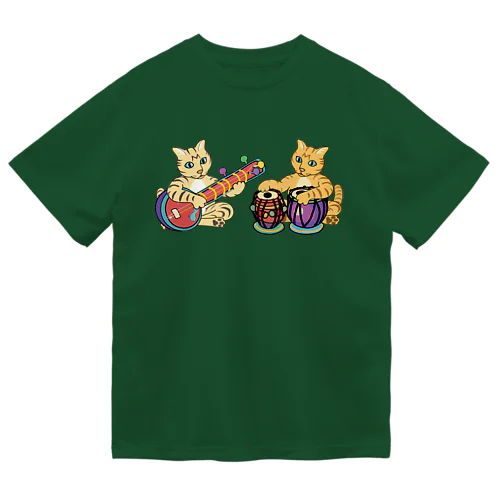 猫のシタールタブラ演奏 ドライTシャツ