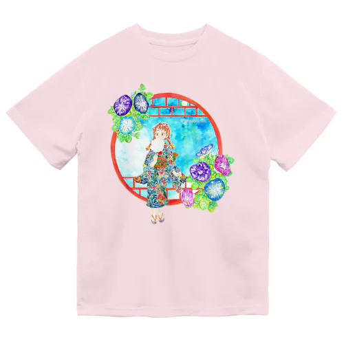 「窓際の夏」青空・朝顔縁・浴衣の女の子 ドライTシャツ