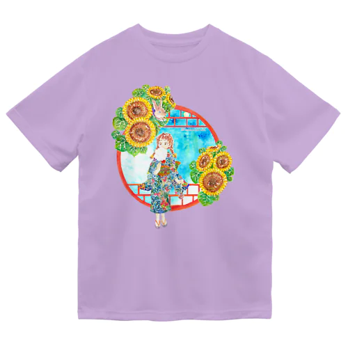 「窓際の夏」昼・向日葵縁・浴衣の女の子 ドライTシャツ