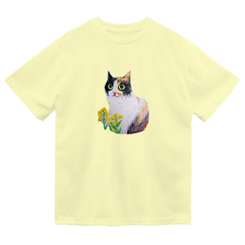 三毛猫と菜の花 ドライTシャツ