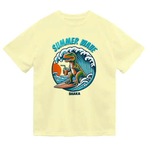 シャカサインしながらサーフィンする恐竜ハワイ Dry T-Shirt
