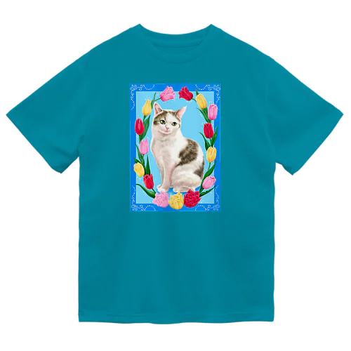 チューリップと猫 ドライTシャツ