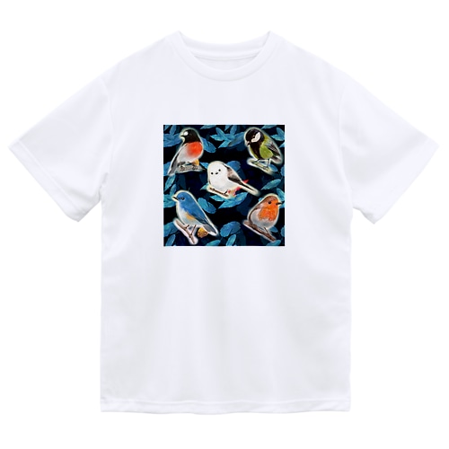 落ち葉のコラージュとかわいい野鳥たち Dry T-Shirt