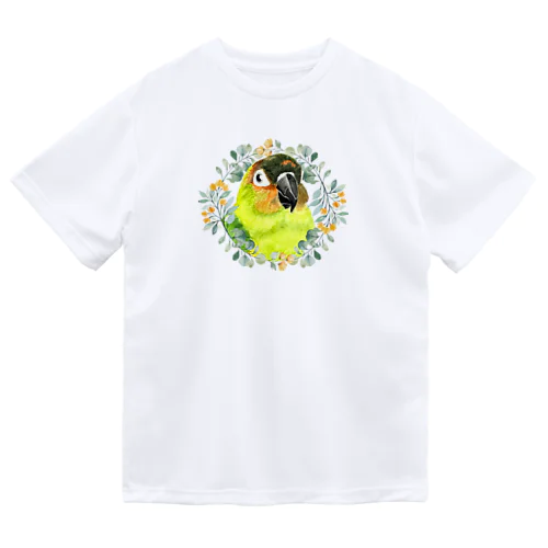 020 クロカミインコ(ハイブリッド)　オレンジ小花のリース ドライTシャツ