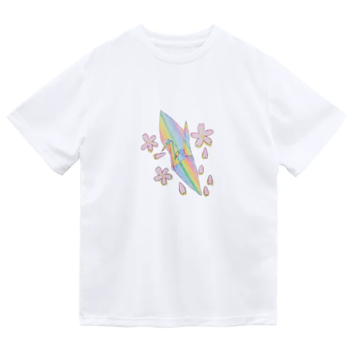 虹色の折り鶴と桜 ドライTシャツ