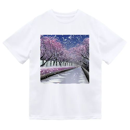 夜の桜並木に雪 ドライTシャツ