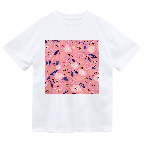 抽象的な手描きの花柄（ピンク） ドライTシャツ