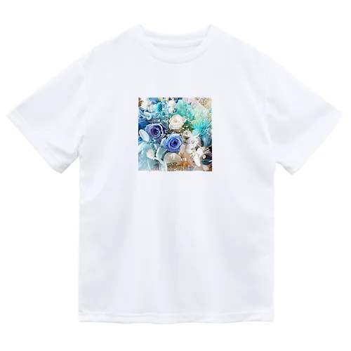 マリンブルーのおしゃれな花柄 ドライTシャツ