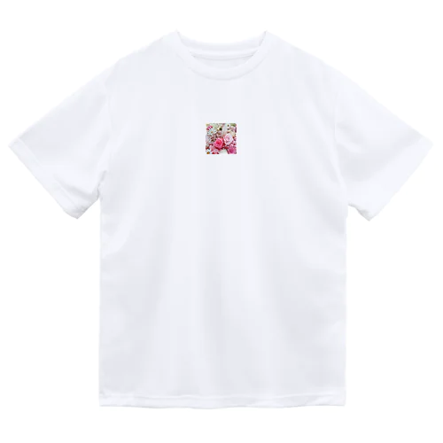 ピンクローズのガーリーな花柄 ドライTシャツ