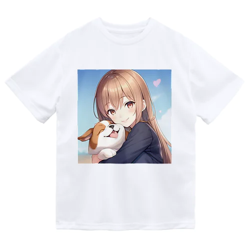 愛犬を抱きしめる少女 ドライTシャツ