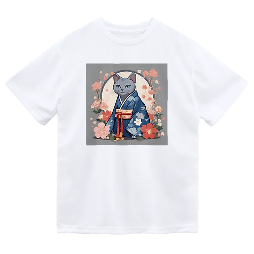 お正月の着物を着たロシアンブルーの猫ちゃんグッズ ドライTシャツ