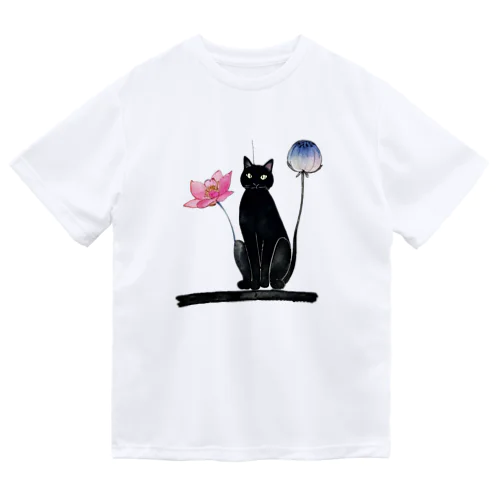 黒猫と花 ドライTシャツ