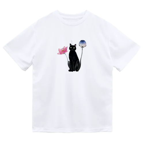 黒猫と花 ドライTシャツ