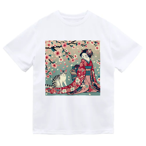 和風cat 見返り桜 Dry T-Shirt