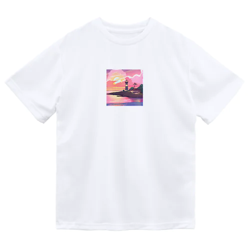 夕焼けに染まる離島の灯台 ドライTシャツ